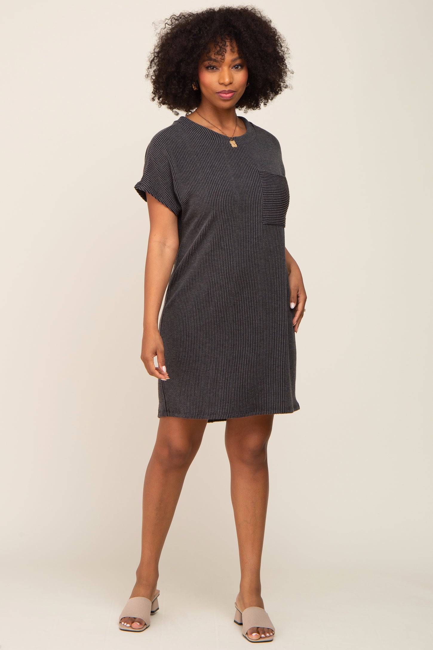 Charcoal Ribbed Front Pocket Dolman Short Sleeve Dress