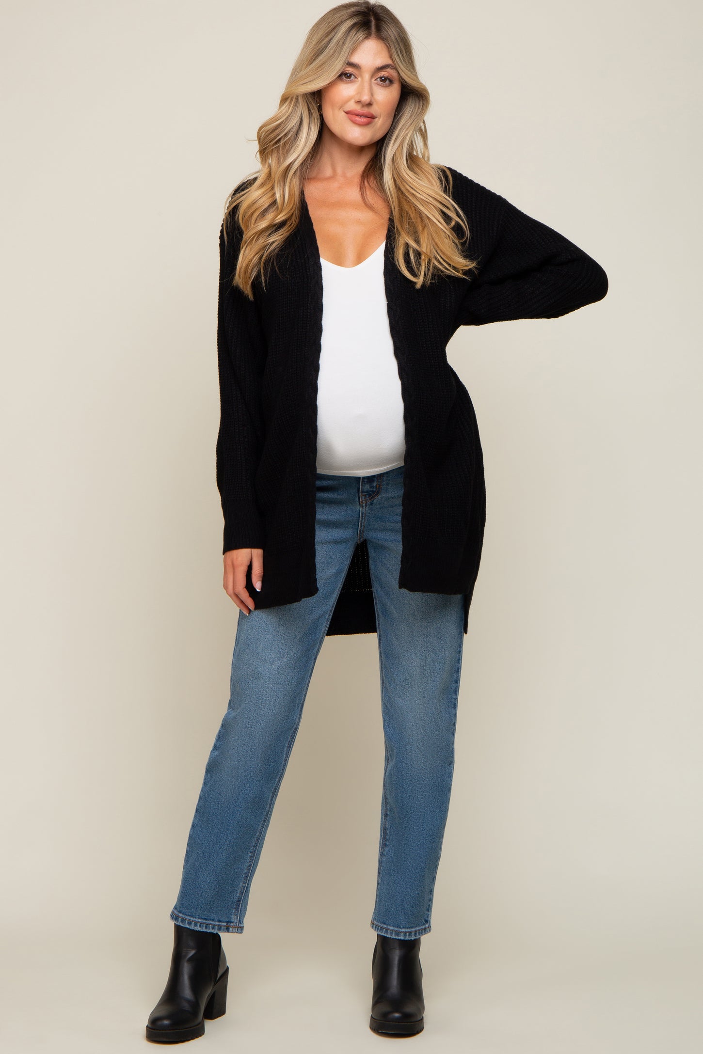 Black Cable Knit Accent Maternity Cardigan