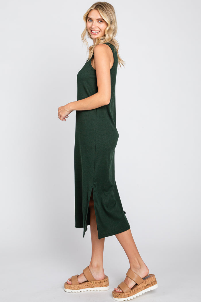 Forest Green Basic Ribbed Side Slit Midi Dress