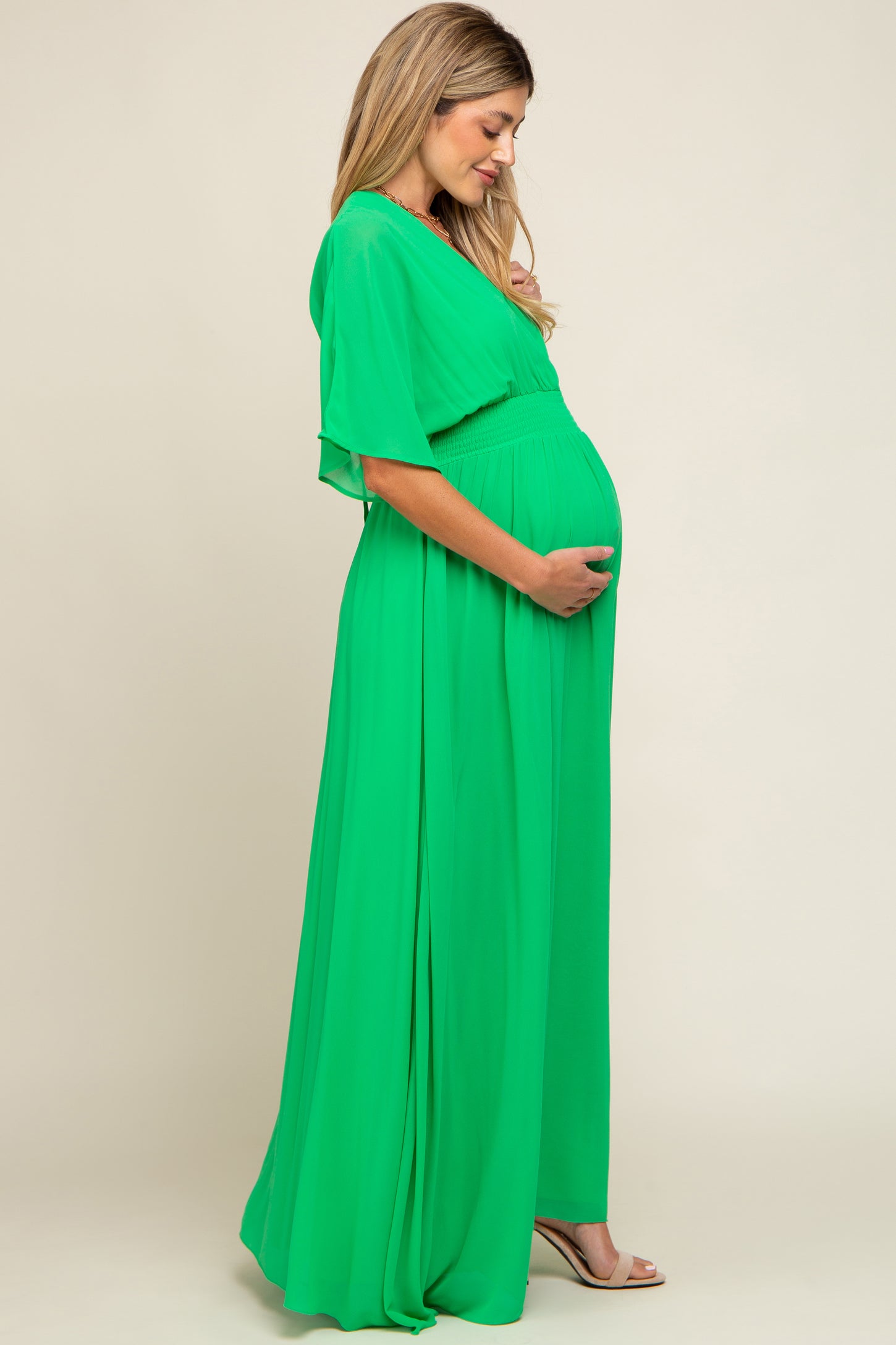 Green Chiffon V-Neck Smocked Waist Maternity Maxi Dress
