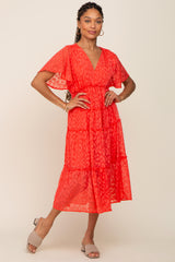 Coral Chiffon Animal Print Tiered Midi Dress