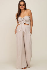 Beige Front Tie Crop Top and Pant Maternity Set