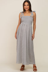 Black Striped Smocked Shoulder Tie Maternity Maxi Dress