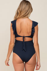 Navy Blue Ribbed Cutout Flutter One Piece Maternity Swimsuit