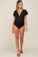 Black Deep V-Neck Flounce Maternity One Piece Swimsuit
