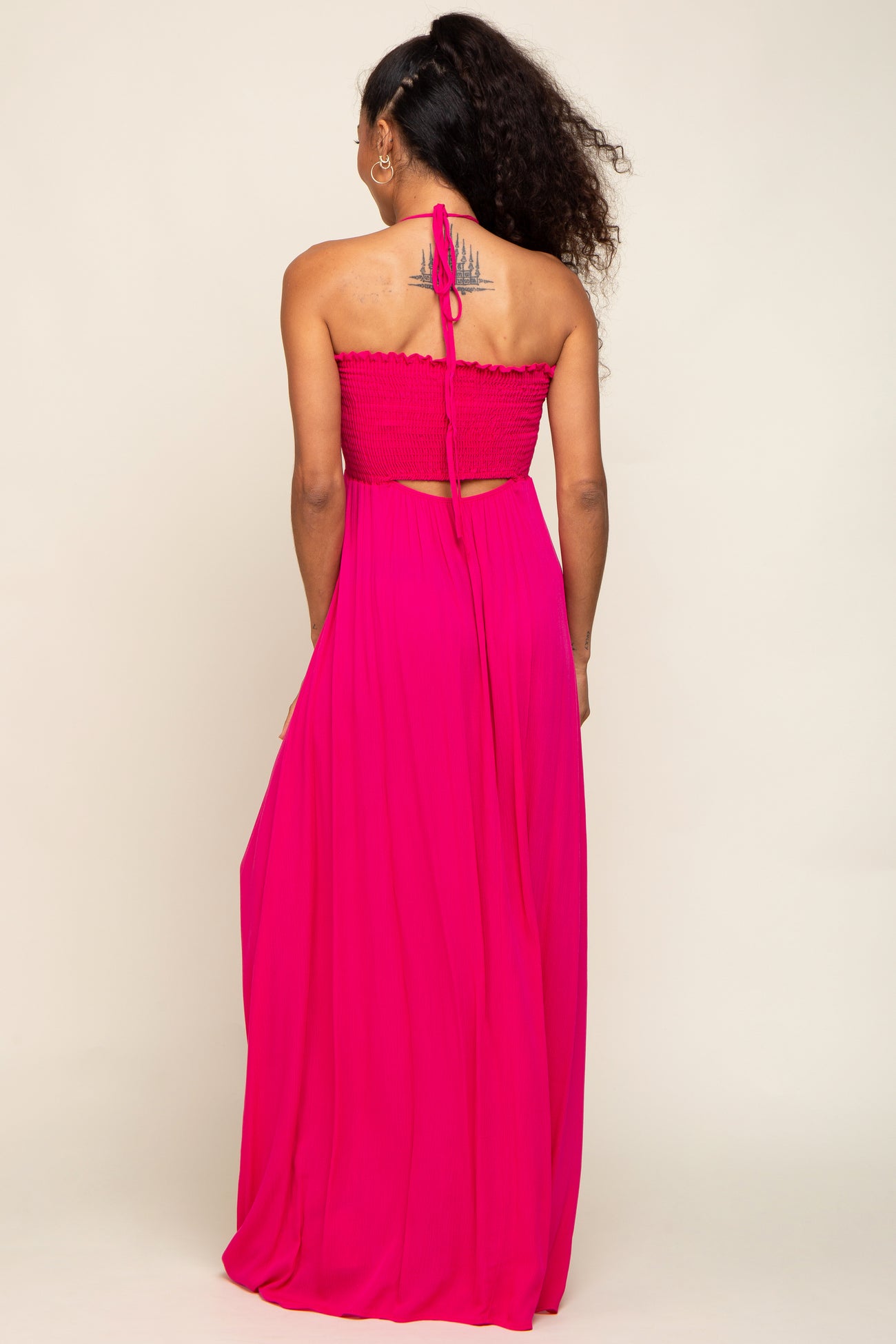 Fuchsia Smocked Halter Maxi Dress