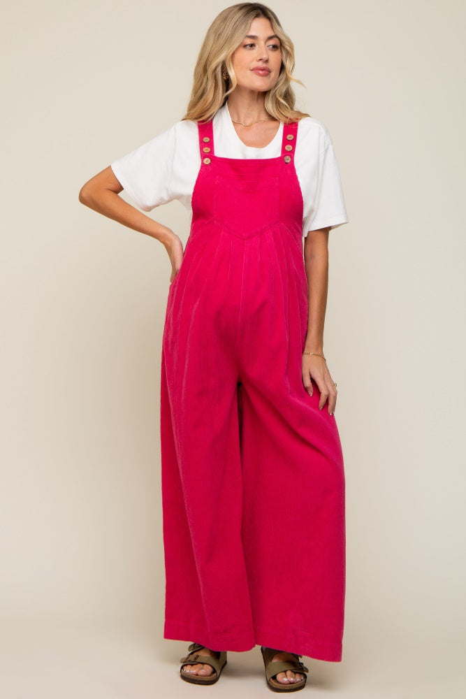 Fuchsia Corduroy Front Pleated Wide Leg Maternity Overalls