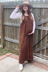 Mocha Corduroy Front Pleated Wide Leg Maternity Overalls