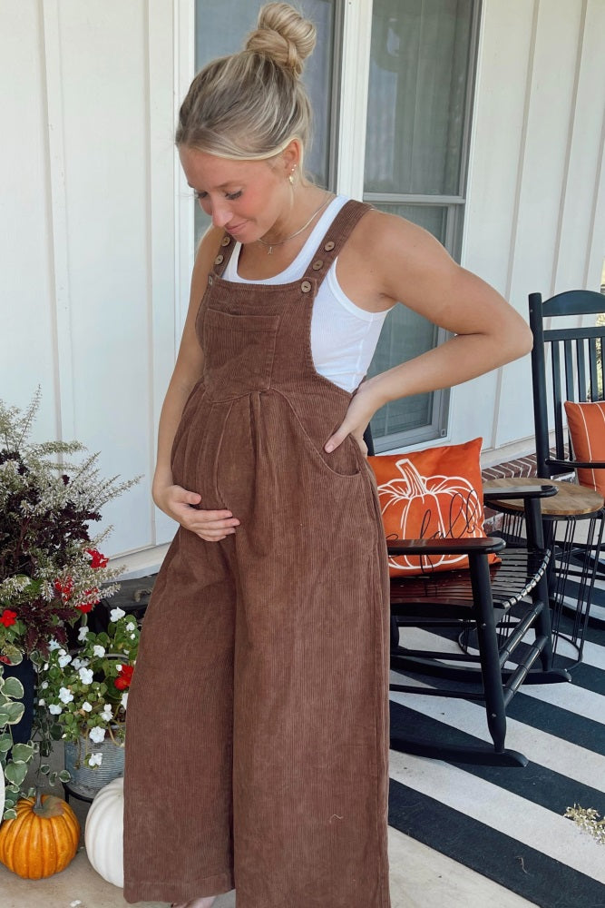 Mocha Corduroy Front Pleated Wide Leg Maternity Overalls