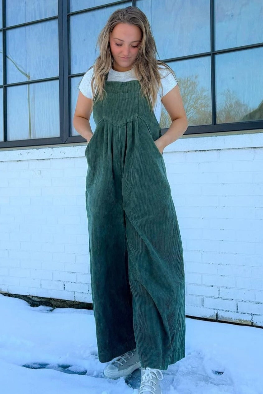 Olive Corduroy Front Pleated Wide Leg Overalls