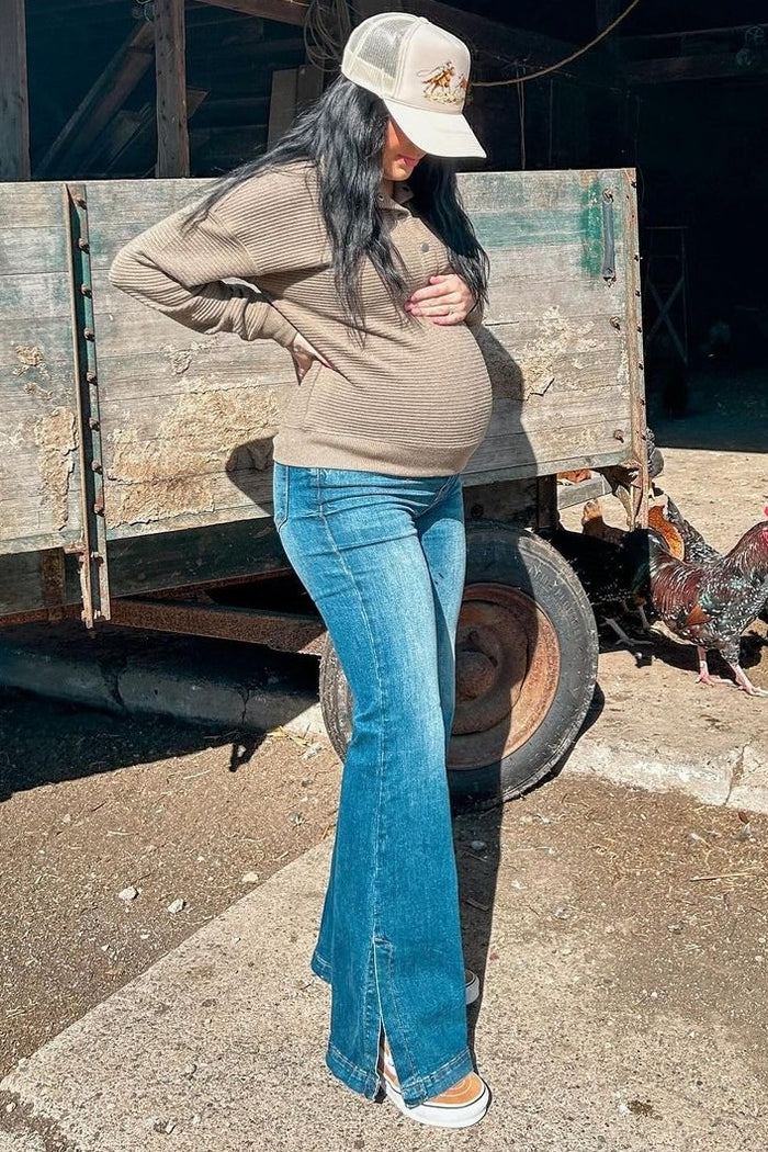 Navy Flare Side Slit Maternity Jeans