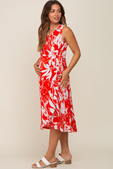 Red Flower Side Tie Maternity Wrap Dress