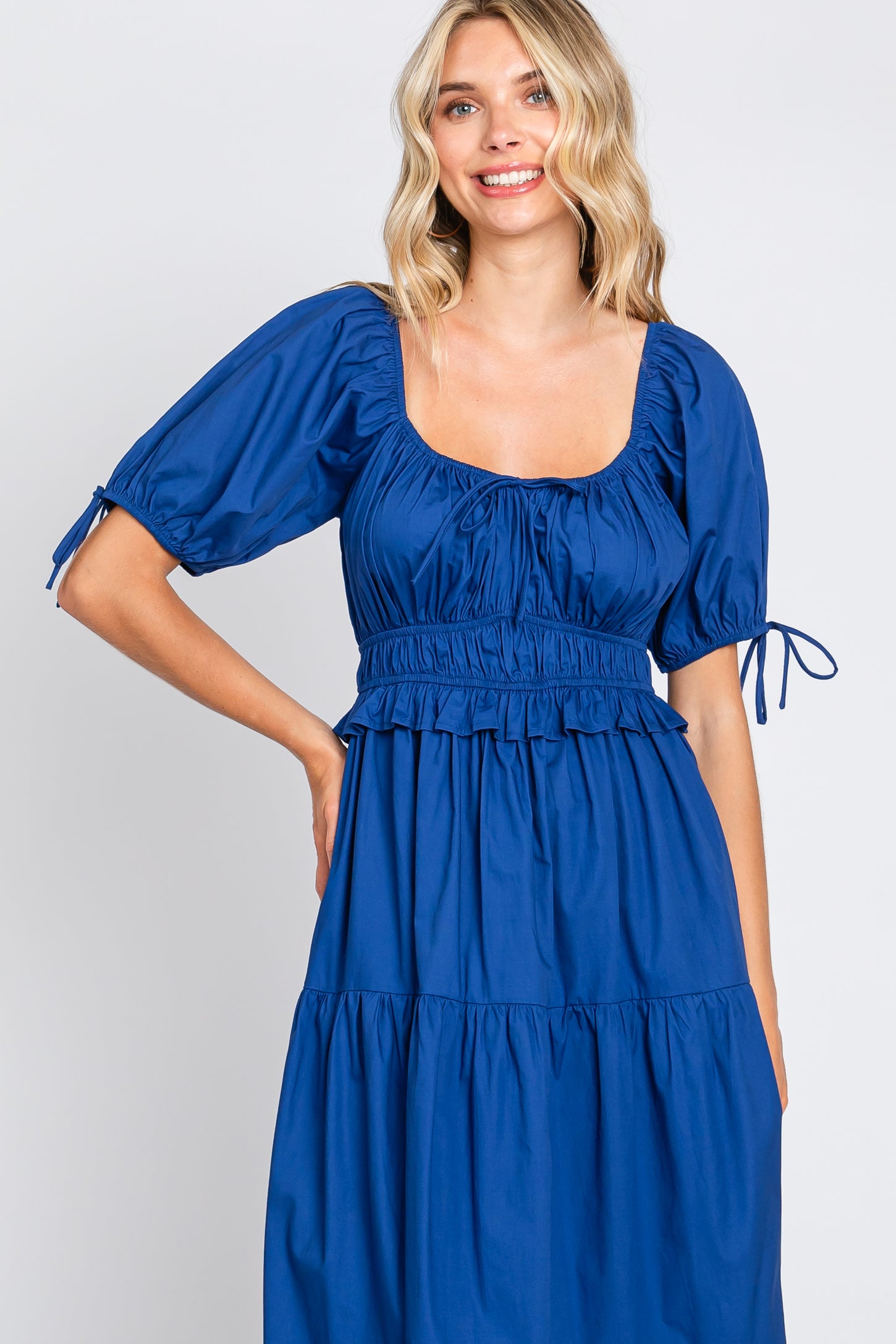Navy Shirred Front Tie Short Sleeve Tiered Midi Dress
