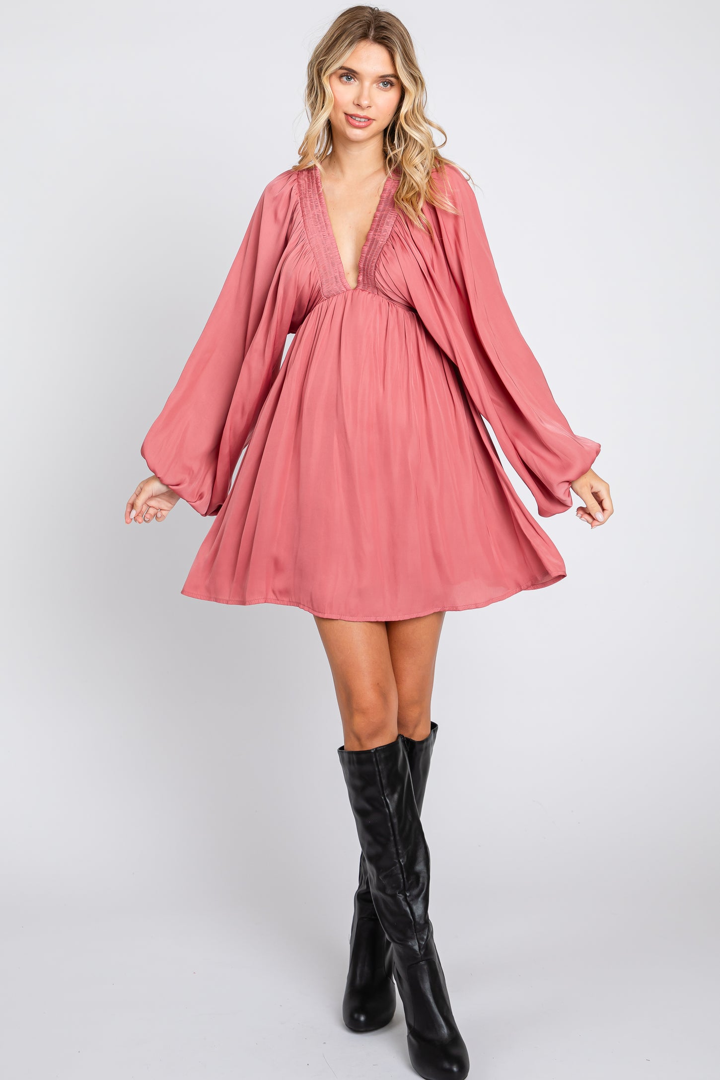 Mauve Deep V-Neck Long Sleeve Dress