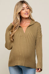 Olive Ribbed Knit Collared Long Sleeve Top
