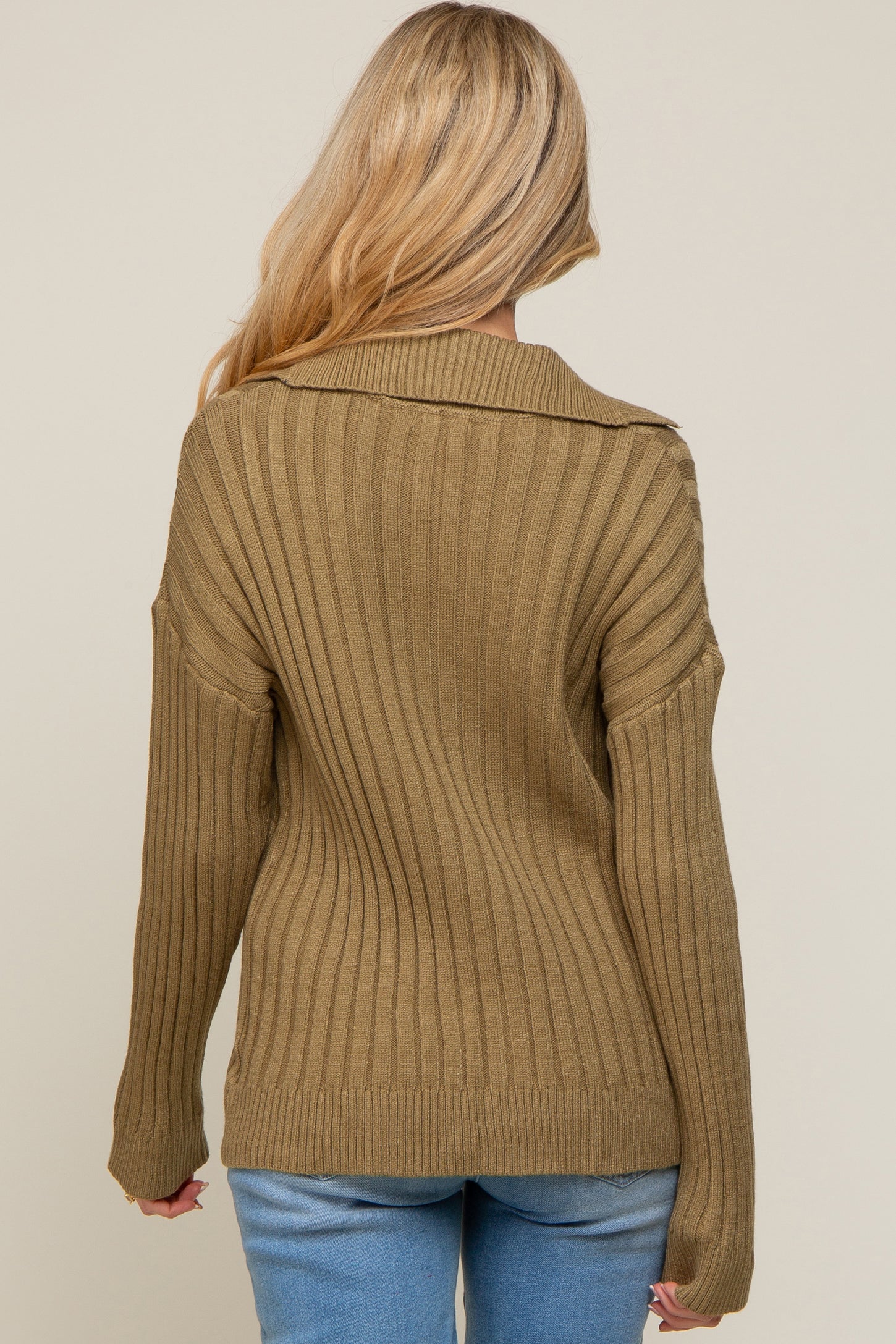 Olive Ribbed Knit Collared Long Sleeve Top