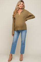 Olive Ribbed Knit Collared Long Sleeve Top
