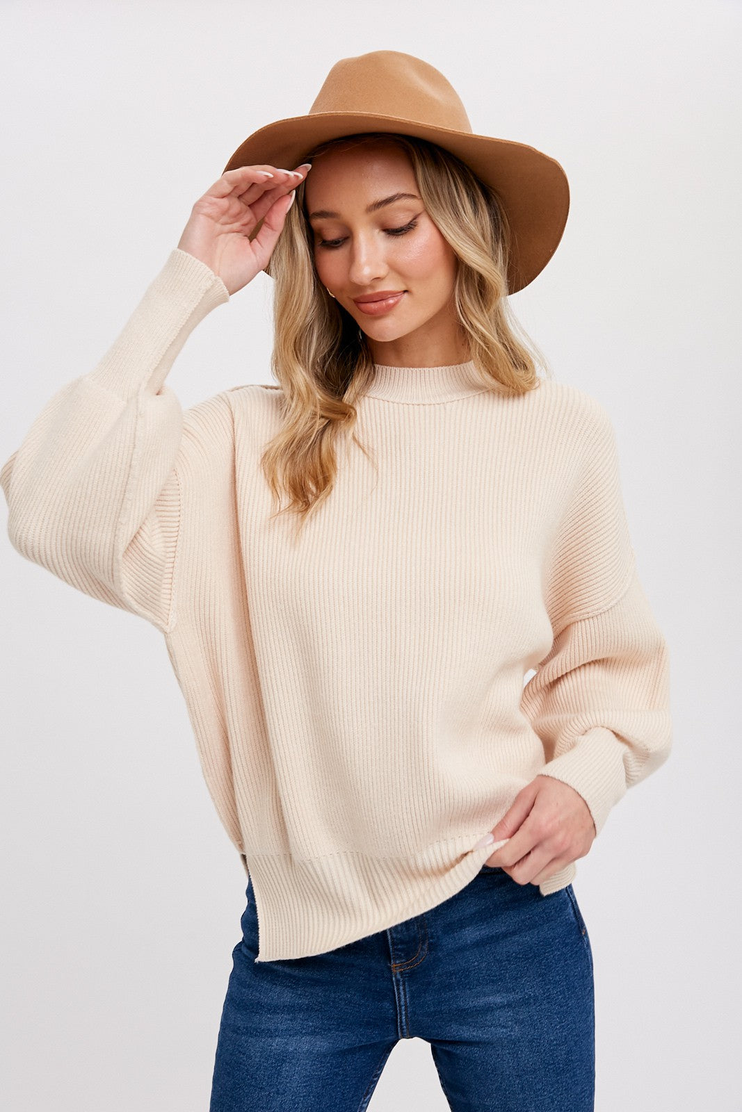 Beige Knit Mock Neck Maternity Sweater