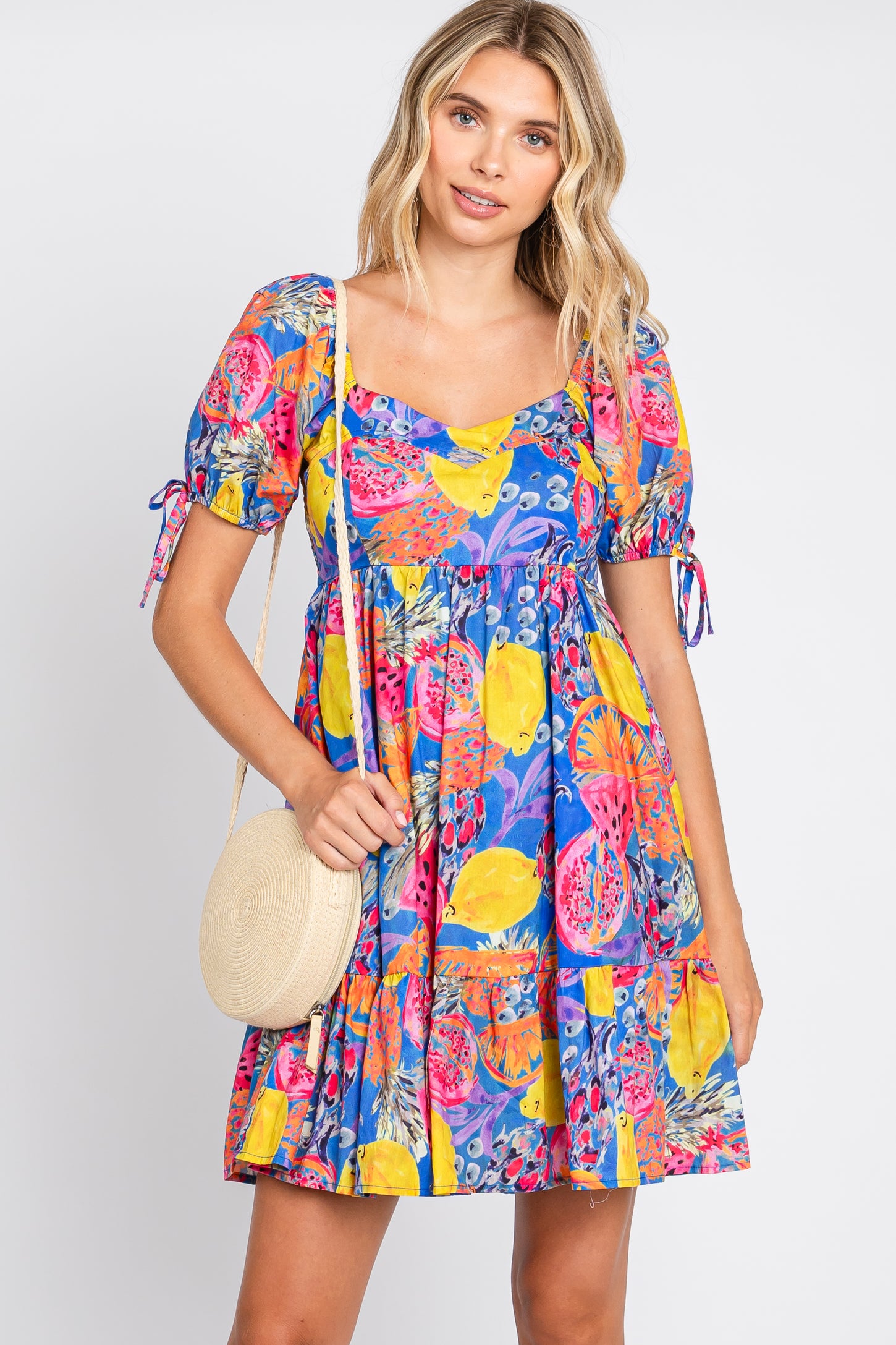 Blue Fruit Print Sweetheart Neck Dress