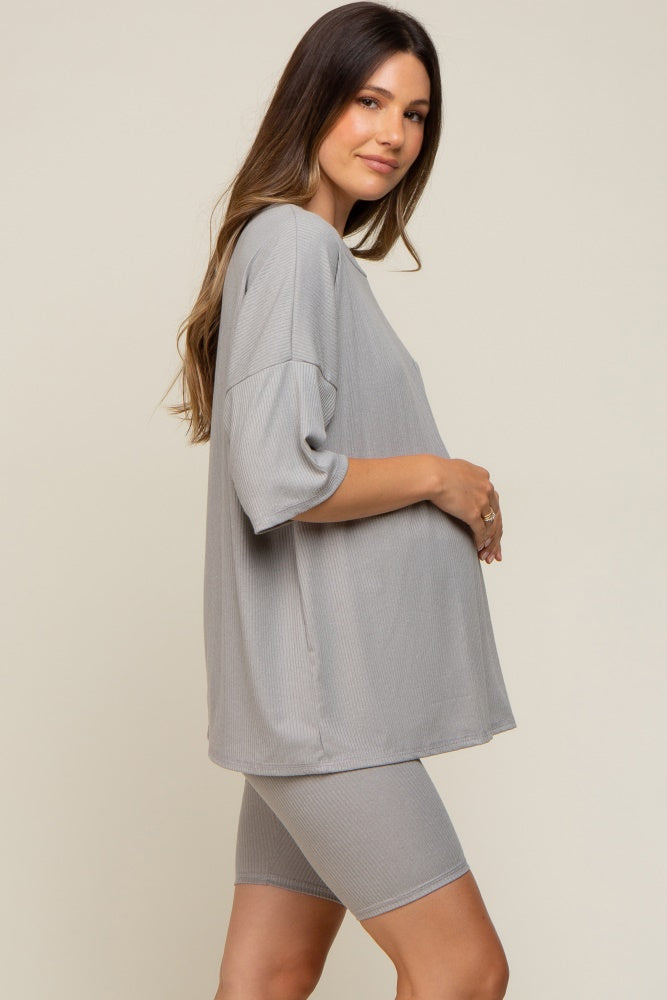Heather Grey Ribbed Biker Short Maternity Sleep Set