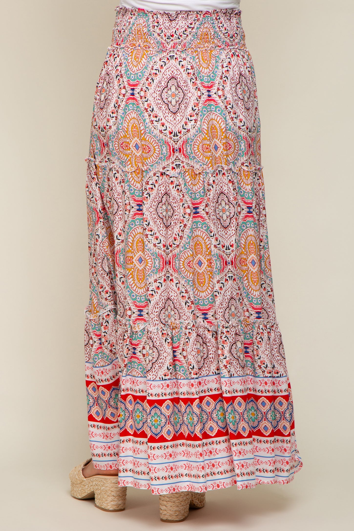 Red Printed Smocked Waist Maternity Maxi Skirt