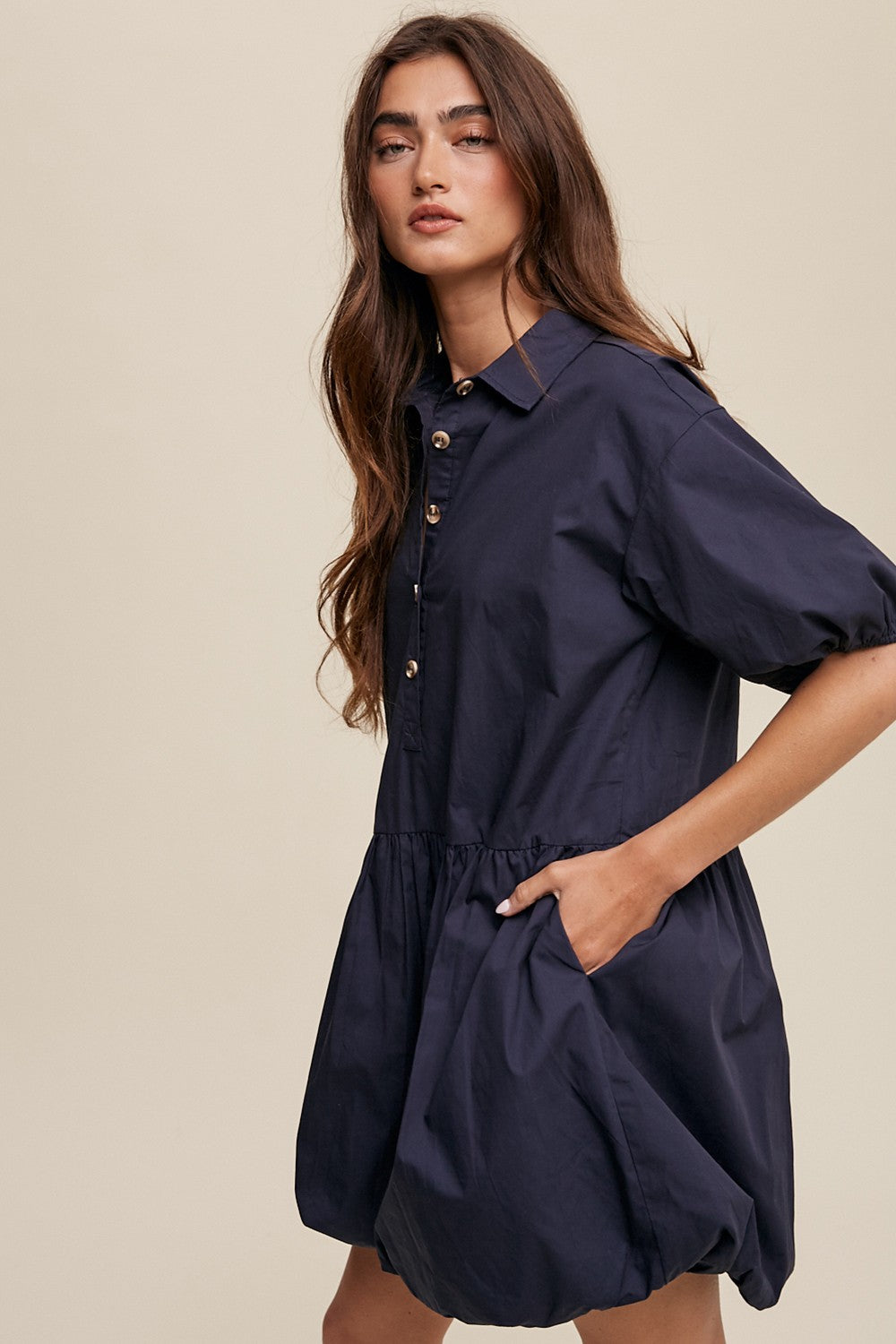 Navy Button Front Bubble Mini Dress