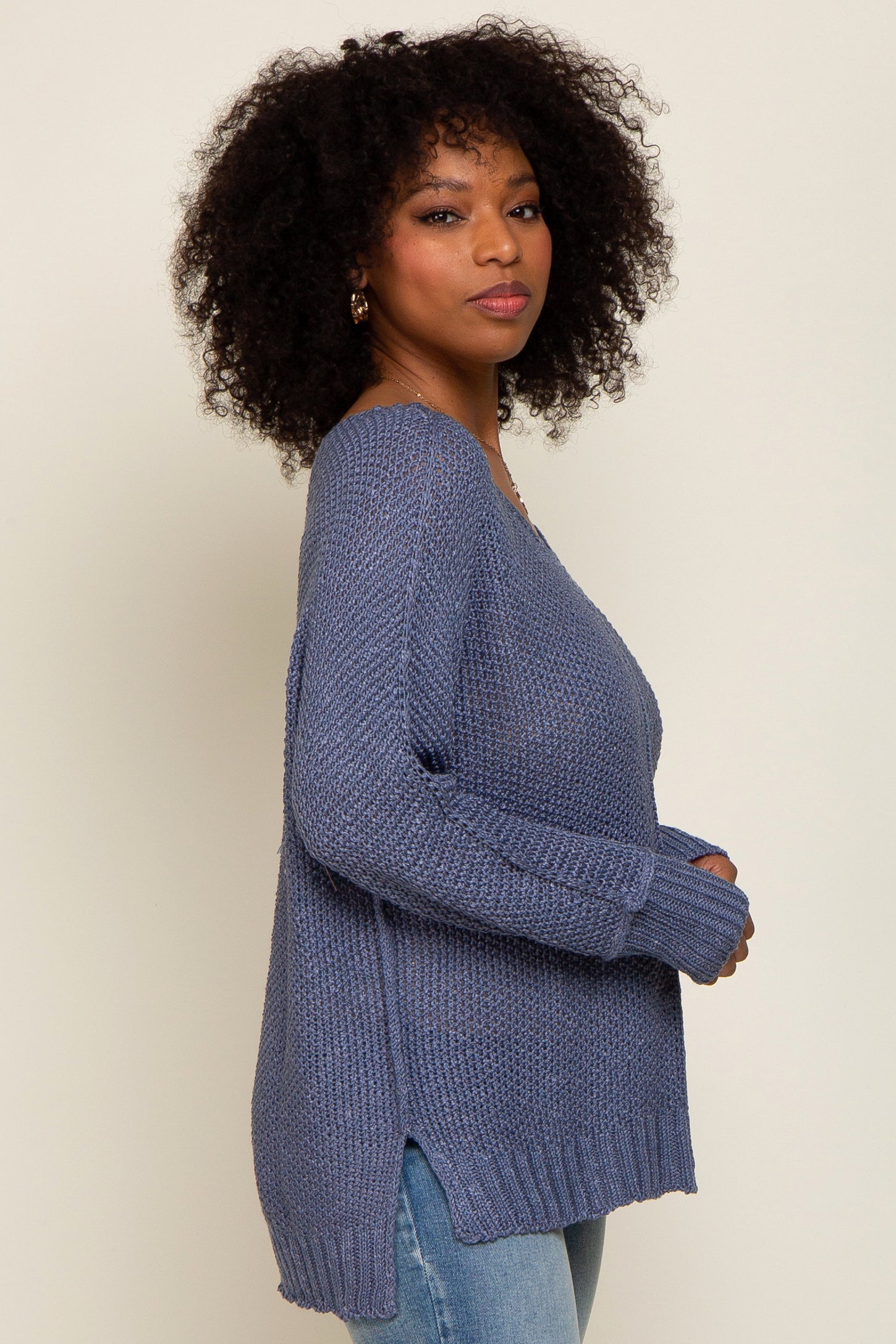 Blue Chunky Knit Side Slit Sweater