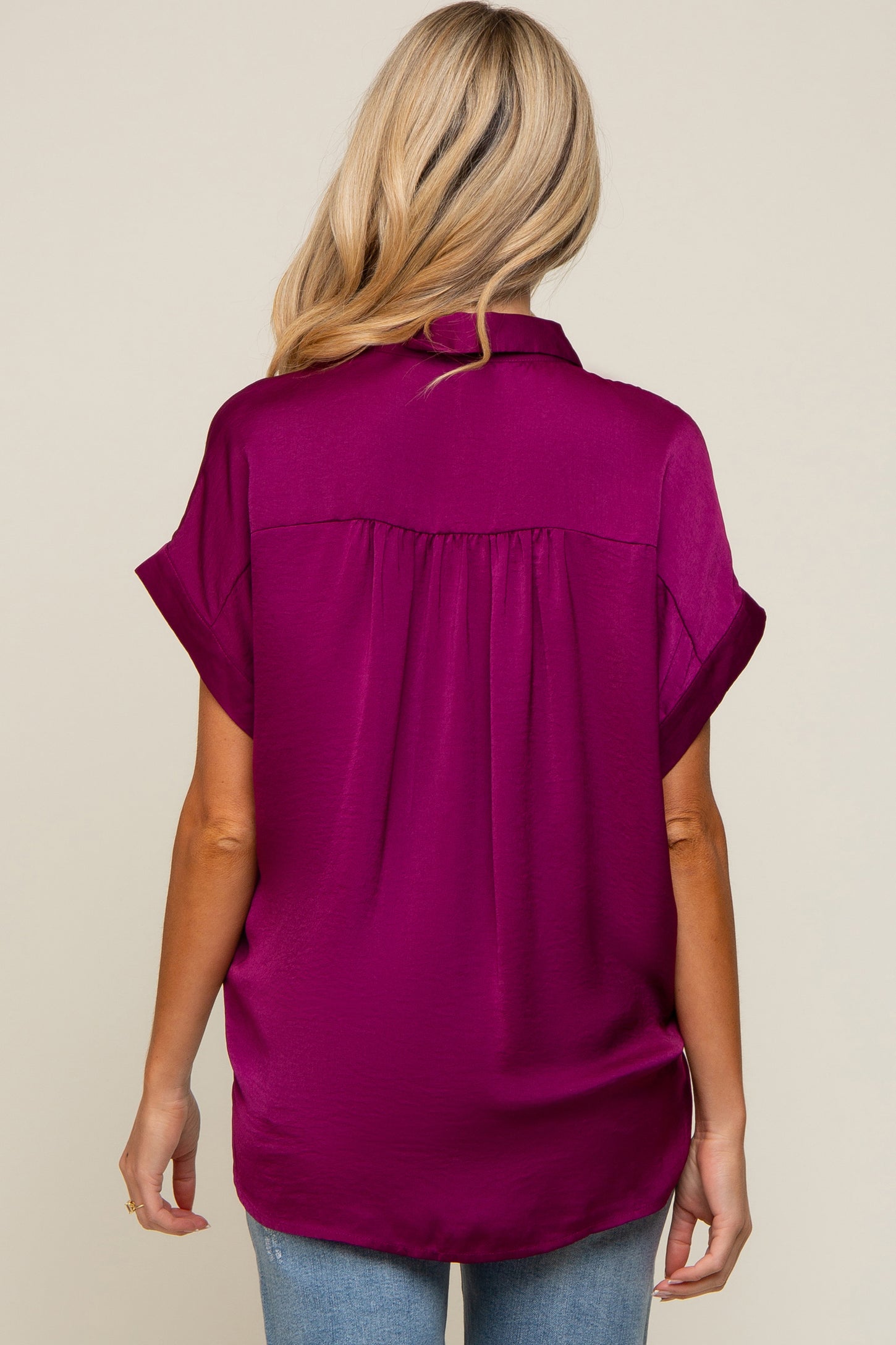 Magenta Satin Button Front Collared Short Sleeve Maternity Top