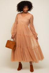 Rust Mesh Overlay Tiered Maternity Maxi Dress