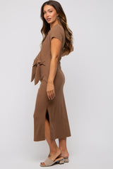 Brown Rib Knit Side Tie Maternity Midi Dress