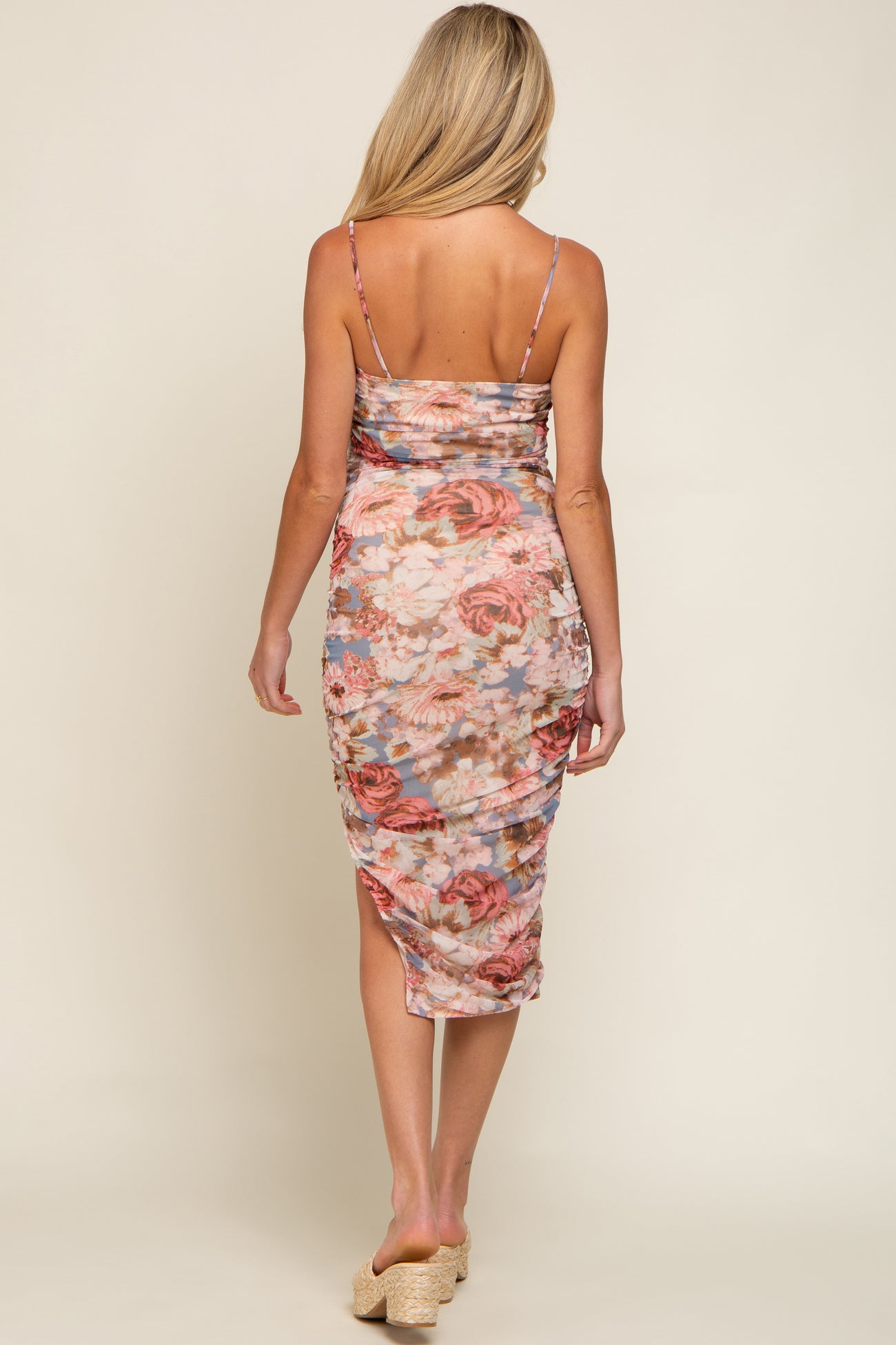 Multicolor Floral Mesh Ruched Maternity Midi Dress