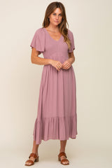 Lavender Smocked V-Neck Midi Dress