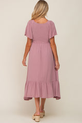 Lavender Smocked V-Neck Midi Dress