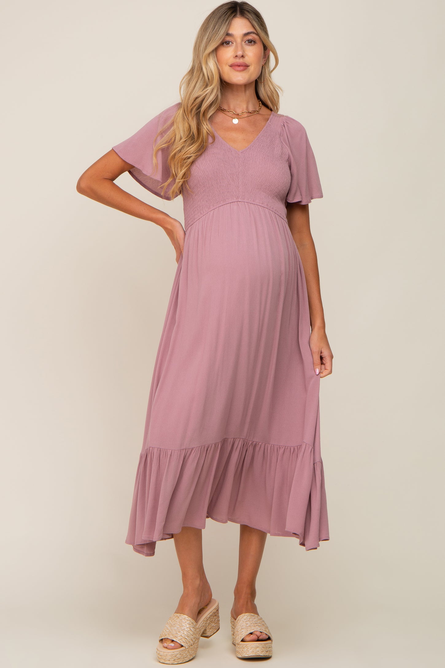 Lavender Smocked V-Neck Midi Dress