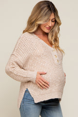 Beige Chunky Knit Button V-Neck Maternity Sweater
