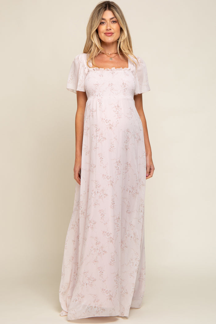 Light Pink Floral Smocked Chiffon Maternity Maxi Dress