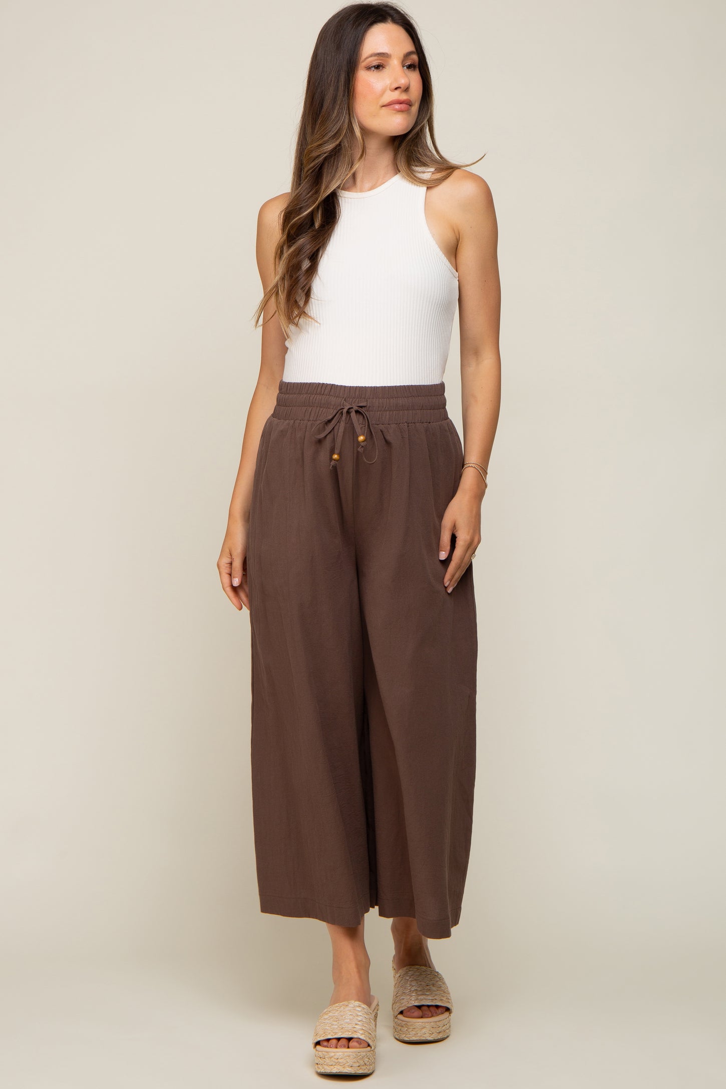 Brown Drawstring Wide Leg Maternity Pants