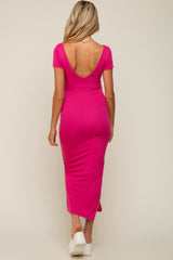 Fuchsia Basic Ribbed Side Slit Maternity Midi Dress