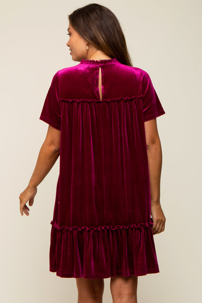 Burgundy Jade Ruffle Accent Velvet Maternity Dress