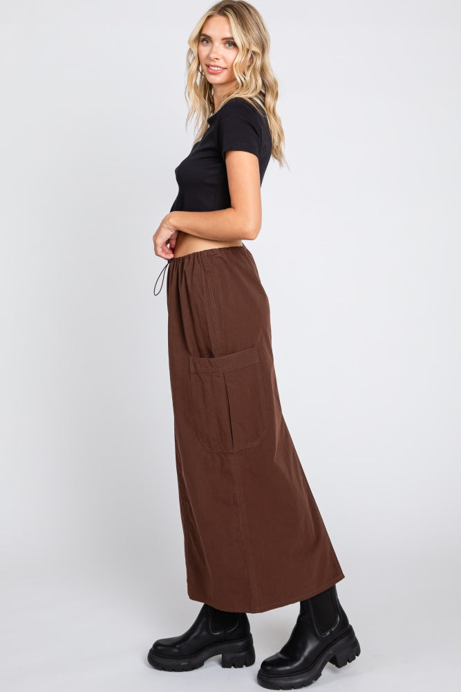 Brown Drawstring Pocket Maxi Skirt