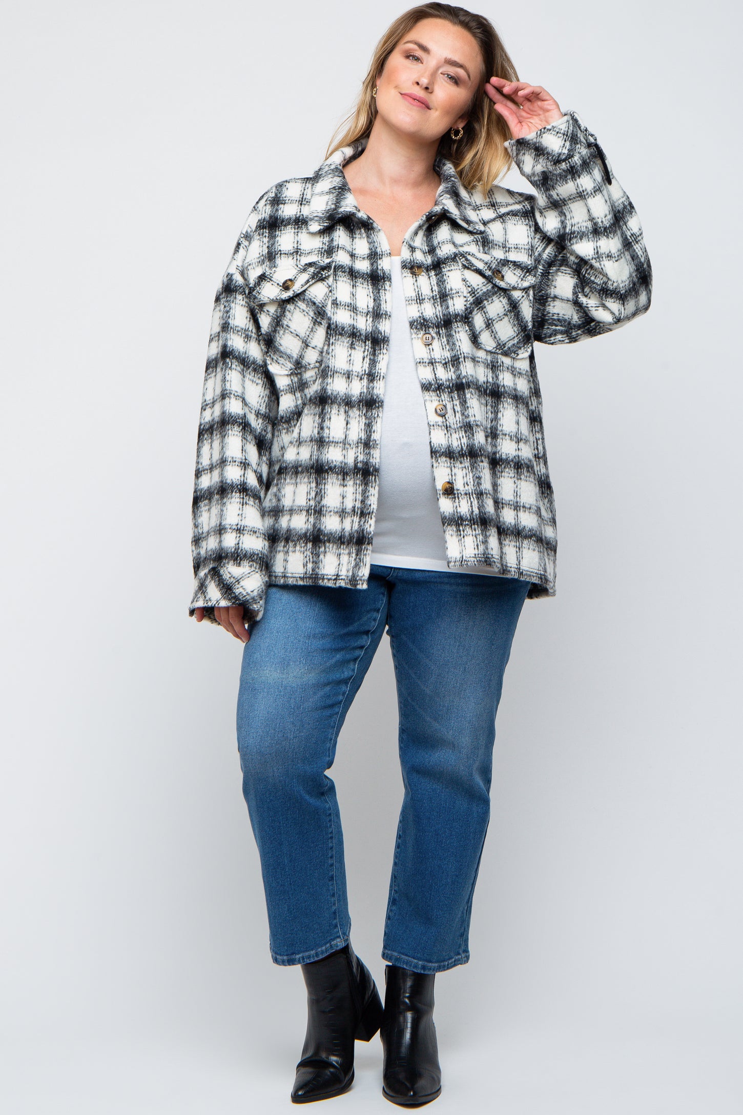 Ivory Plaid Maternity Plus Shirt Jacket