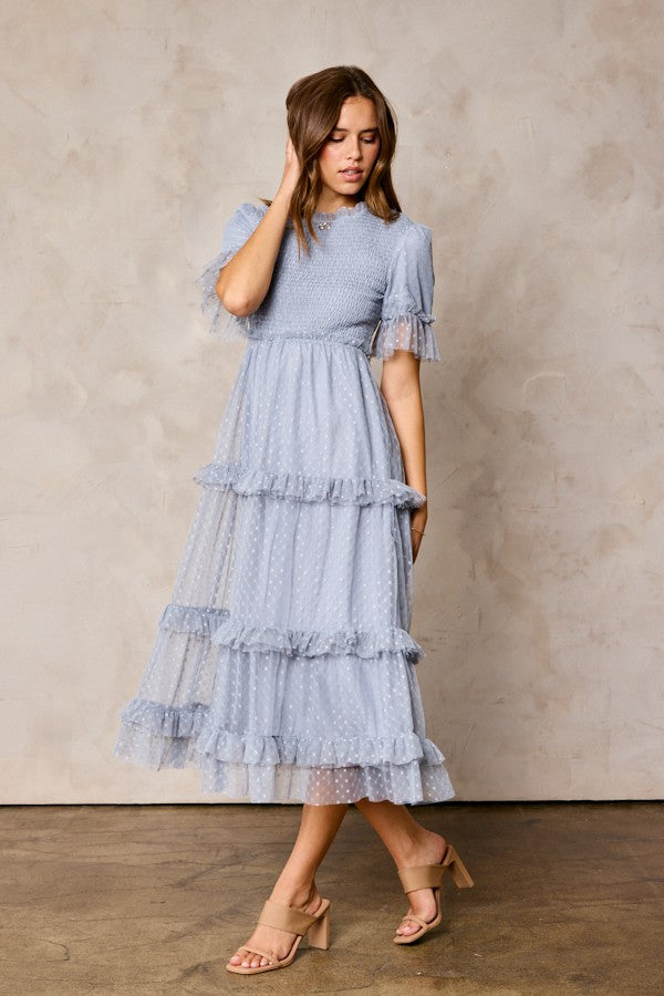 Light Blue Polka Dot Tulle Smocked Maternity Midi Dress
