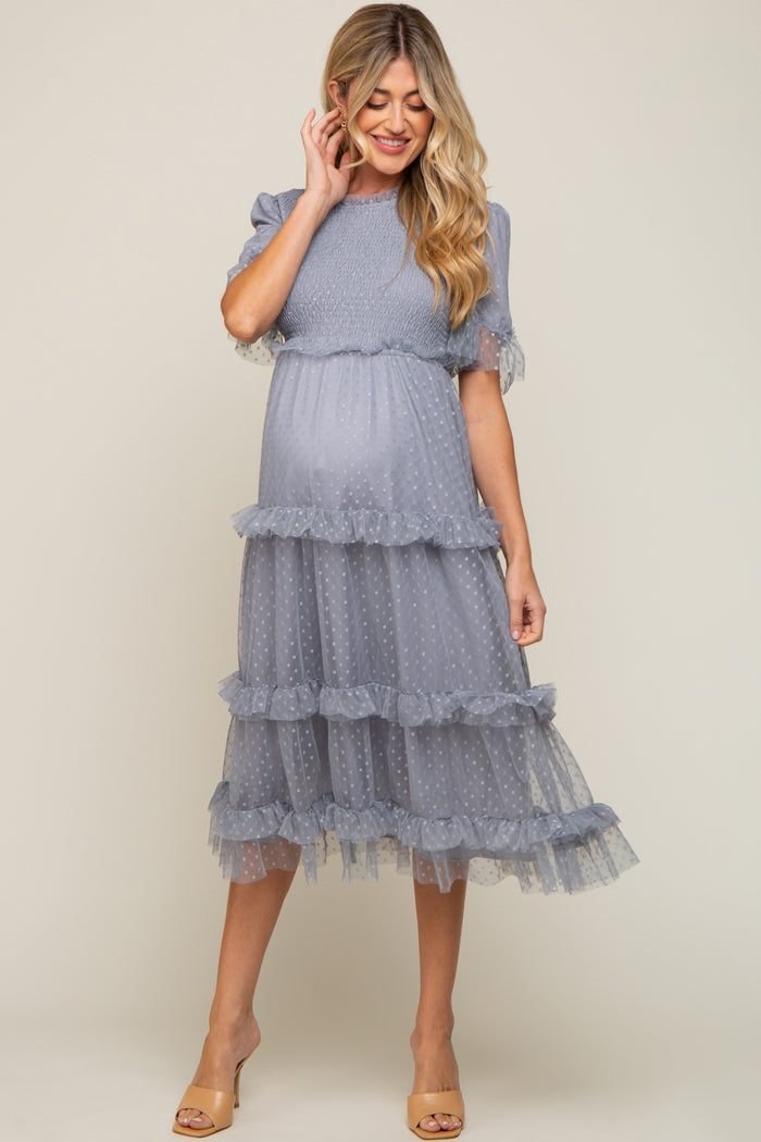 Light Blue Polka Dot Tulle Smocked Maternity Midi Dress