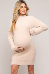 Cream Fuzzy Knit Puff Sleeve Maternity Sweater Dress