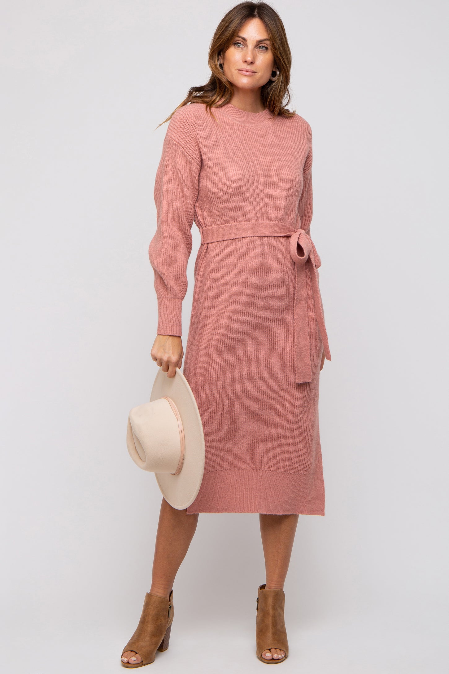 Mauve Side Slit Maternity Sweater Midi Dress