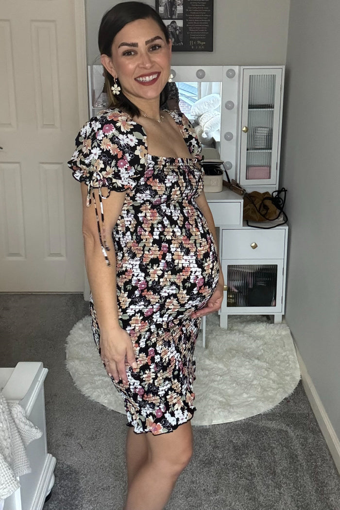 Black Floral Smocked Puff Sleeve Maternity Dress