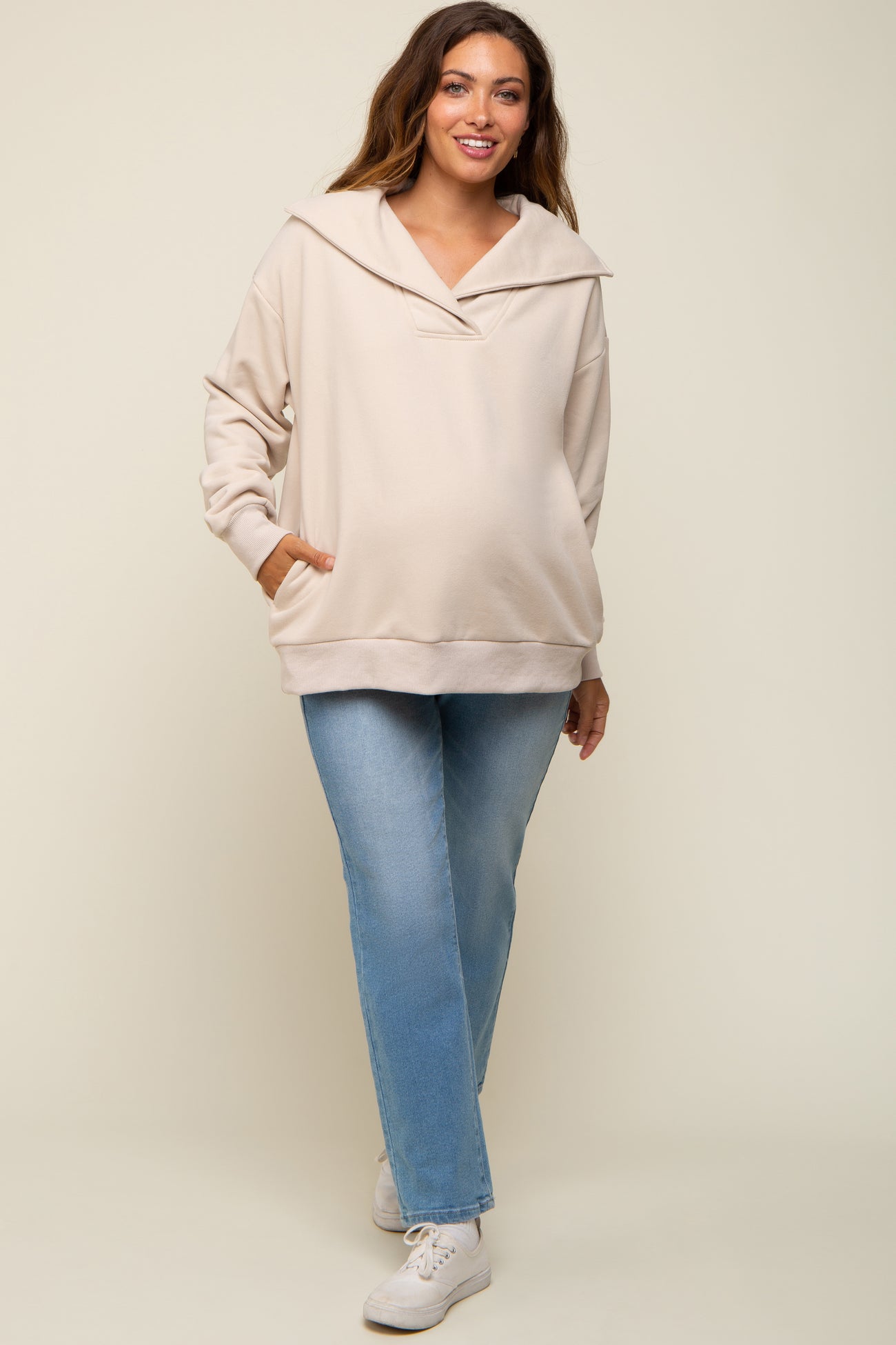 Beige Collared Maternity Pullover