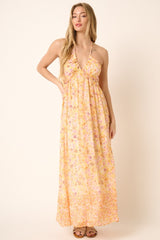 Orange Combo Flower Border Print Ruching Detail Maternity Maxi Dress