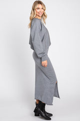 Grey Knit Long Sleeve Crop Top Midi Skirt Set