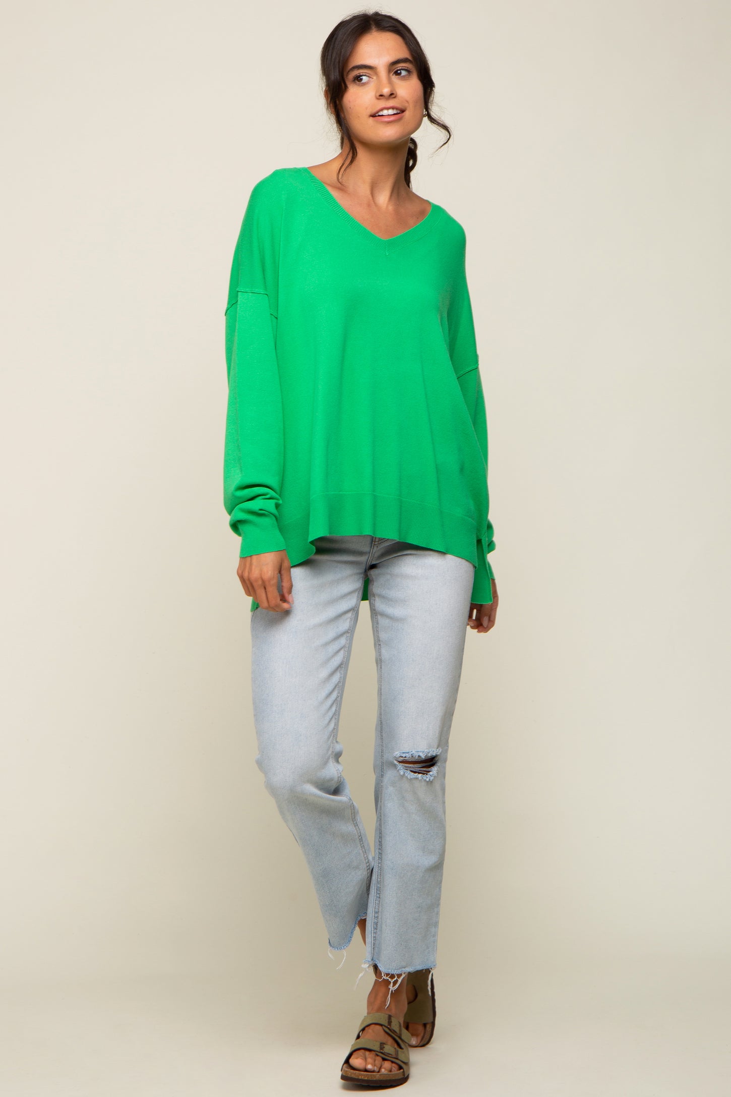 Green Knit V-Neck Long Sleeve Top
